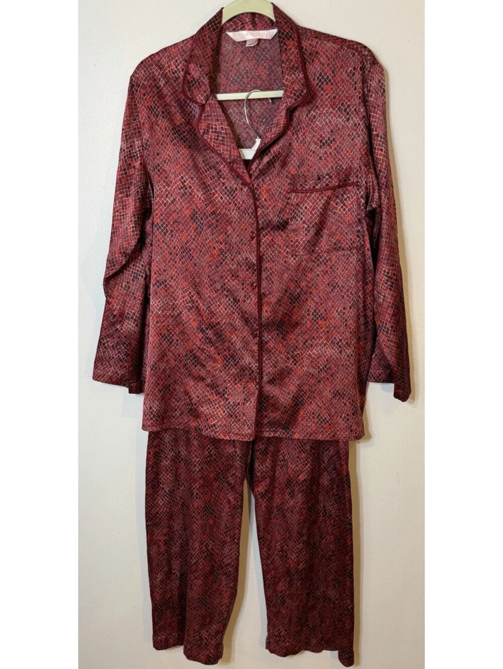 Victoria Secret Satin Pajama Set Med Red Black Snakeskin Print Button Up PJ GUC